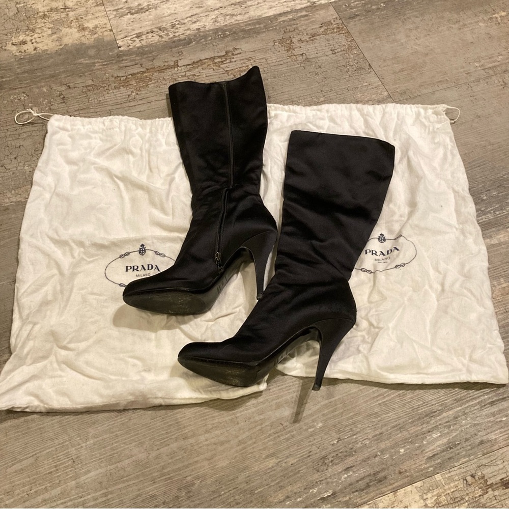 Prada Black Satin Knee-High Stiletto Boots - Picture 2 of 12